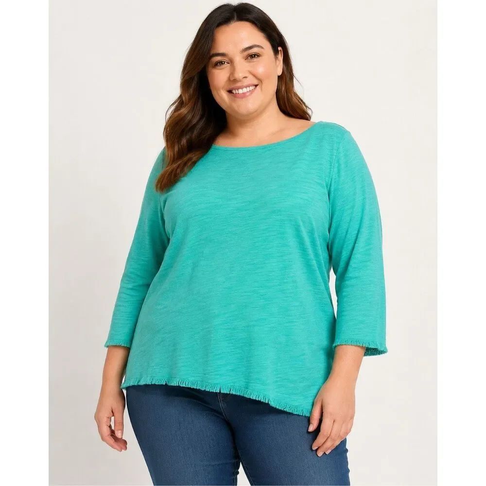 Talbots 1X Aqua Slub Cotton 3/4 Sleeve Boat Neck Fringe Hem Top #1100